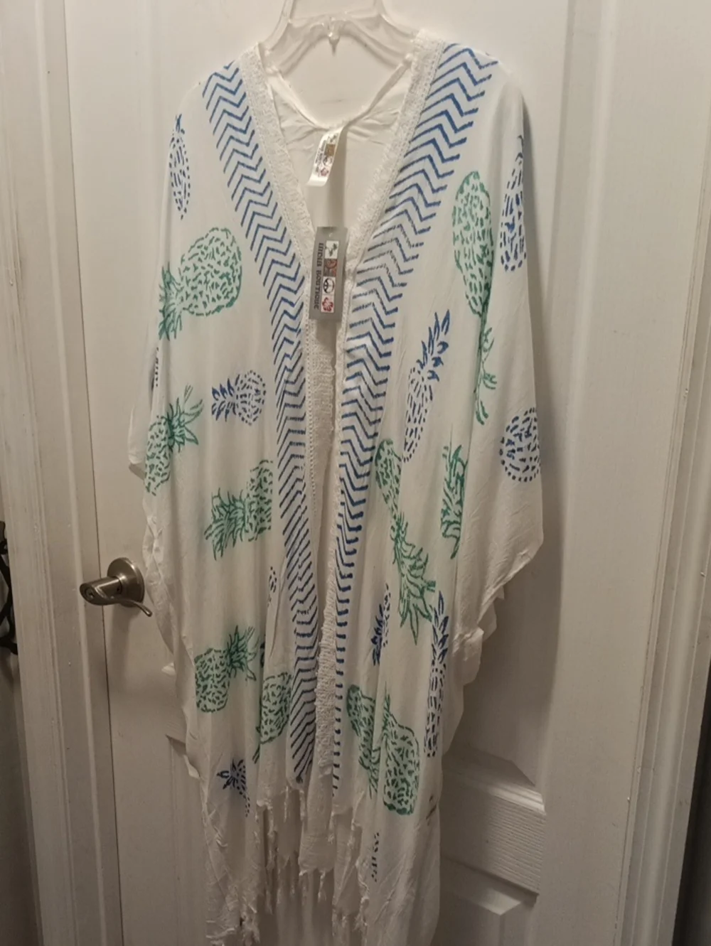 India Boutique White Kimono Cover-Up with Green and Blue Pineapple Print